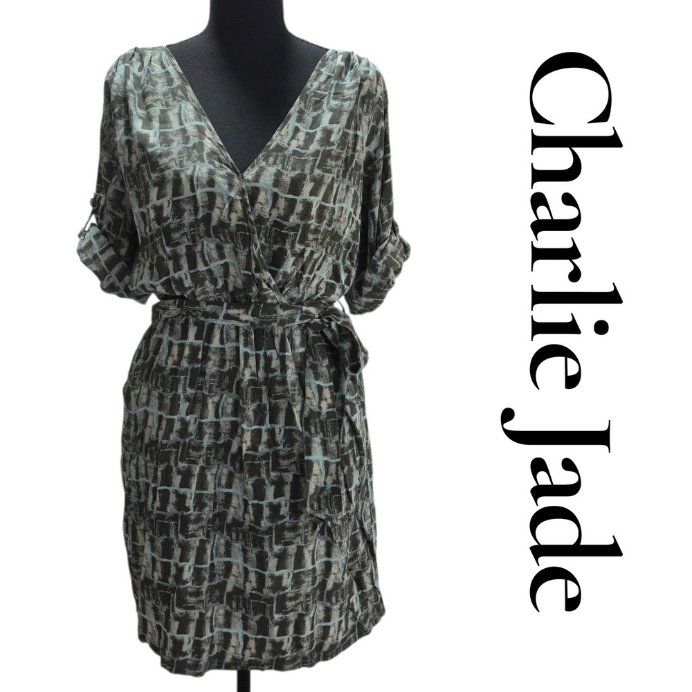 Charlie Jade Dress Medium Gray Blue Silk Blend Faux Wrap Roll Tab Boho Chic